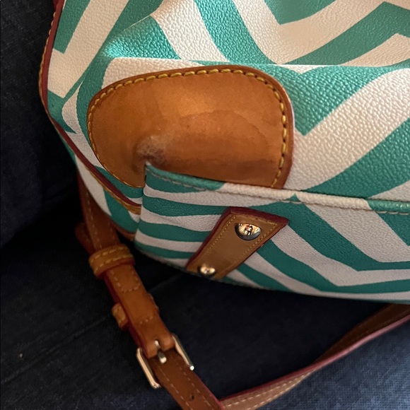 Dooney & Bourke Teal and Cream Chevron Satchel with Tan Leather Trim - Picture 7 of 13